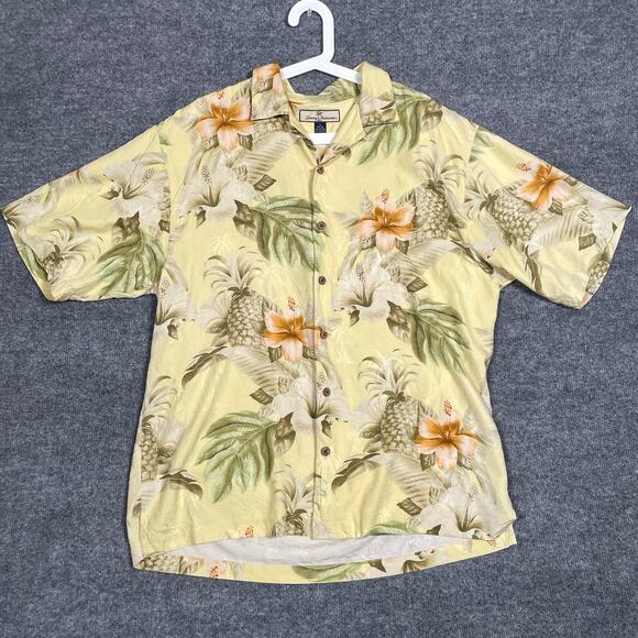 Tommy Bahama Mens Medium Button Up Shirt Yellow Silk Pineapple Floral Print - Picture 1 of 7